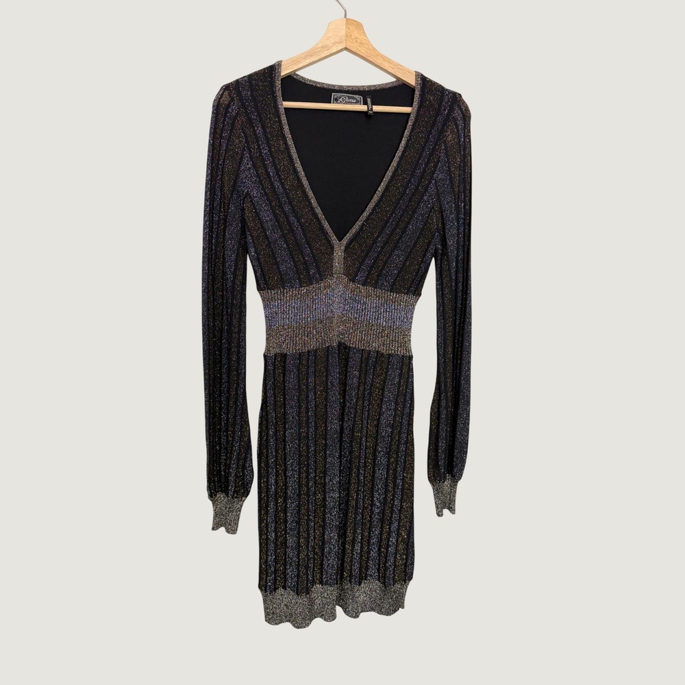 Guess Metallic Striped Knit V-Neck Mini Dress Black Gold‎ Silver Medium Y74V2608